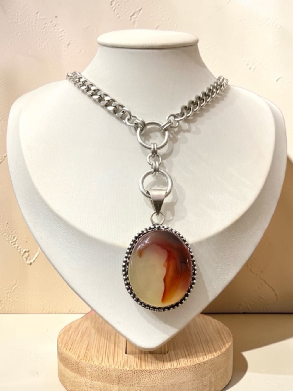 Agate gemstone maille lariat Y shape Cuban stainless steel boho necklace - Picture 3 of 16